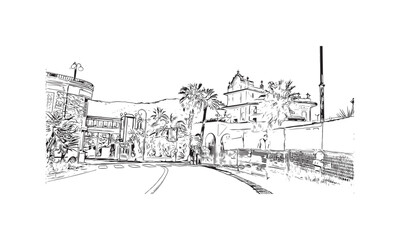 Building view with landmark of  Rapallo is the municipality in Italy. Hand drawn sketch illustration in vector.