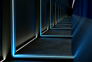 3D rendering Neon tunnel hall in an empty abstract futuristic dark room