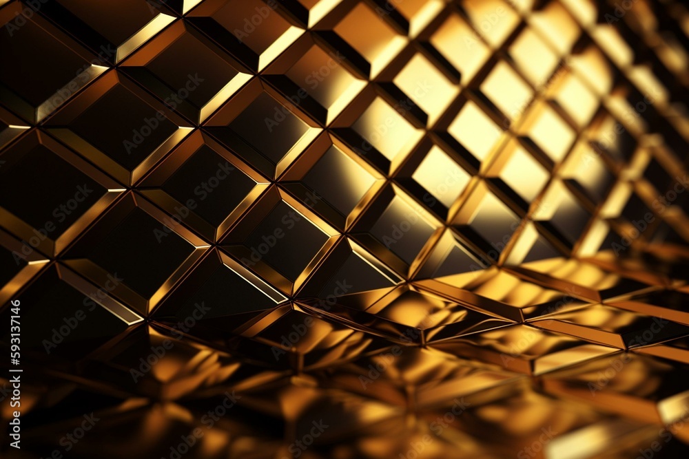 Wall mural Gold Tiles arranged to create a Glossy wall. Diamond Shaped, Luxurious Background formed from 3D blocks. 3D Render. Generative AI