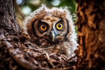 A newborn owl in its natural surroundings. gigantic yellow eye. The owl hooting in the woods. Generative AI