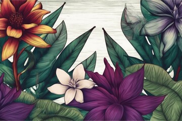 creative design with tropical flora and flowers. Lie down. nature concept. Generative AI