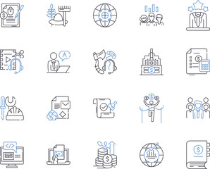 Business and professions outline icons collection. Management, Entrepreneur, Lawyer, Accountant, Engineer, Consultant, Analyst vector and illustration concept set. Consultancy, Broker, Banking linear
