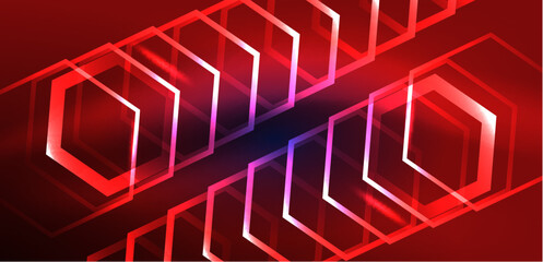 Fototapeta premium Hexagon abstract background. Techno glowing neon hexagon shapes vector illustration for wallpaper, banner, background, landing page, wall art, invitation, prints, posters