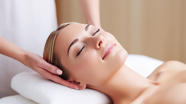 Woman receiving cranial sacral massage in spa