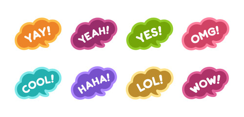 Cute speech bubble with short phrases yay, yeah, cool, omg, wow, haha, lol online messaging icon sticker set. Simple flat vector illustration.