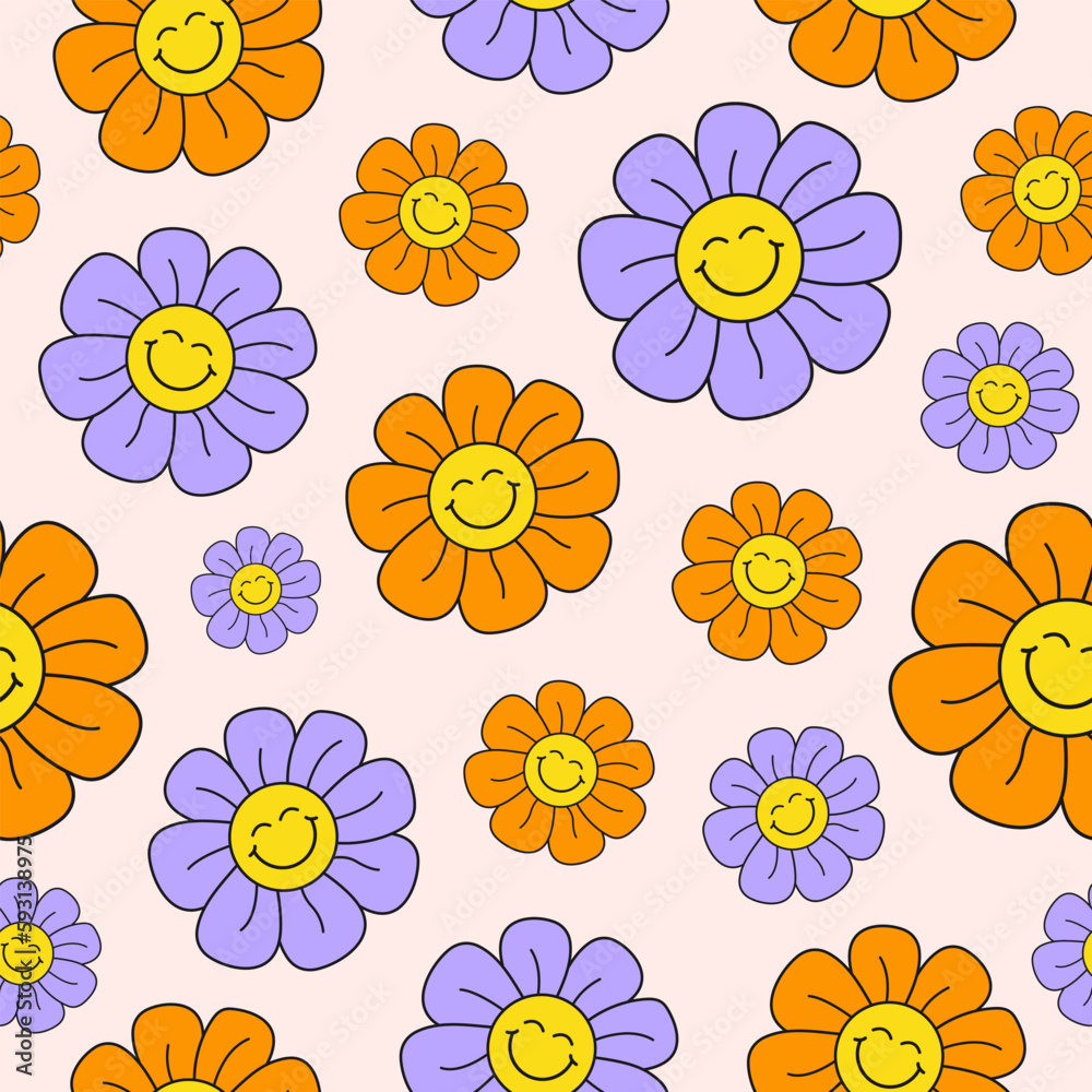 Poster retro groovy seamless pattern with smiling flowers on a light background. cute colorful trendy vecto