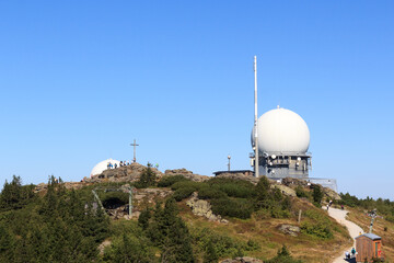 Fototapeta na wymiar Mountain Großer Arber with summit cross and radar dome (radome) in Bavarian Forest, Germany
