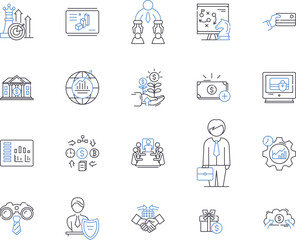 Bank and money outline icons collection. Bank, Money, Credit, ATM, Loan, Savings, Investing vector and illustration concept set. Debit, Interest, Bonds linear signs