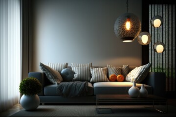 modern living room design with sofa and lamp. Generative AI