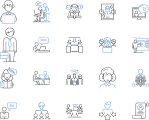 Management department outline icons collection. Managing, Session, Training, Workshop, Business, Leadership, Strategies vector and illustration concept set. Planning, Coaching, Facilitation linear