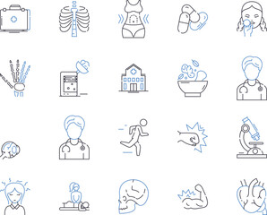 Health check up outline icons collection. Examination, Diagnosis, Reviews, Tests, Scans, Ultrasounds, Screening vector and illustration concept set. Screeners, Prevention, Measurements linear signs