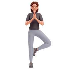 3d Illustration of Cartoon Girl Make Folded or Namaste Hand gesture and raised right leg
