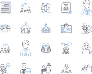 Company office outline icons collection. Office, Company, Business, Building, Space, Room, Suite vector and illustration concept set. Desk, Chair, Computer linear signs