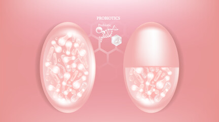 Probiotic and Hyaluronic acid skin solutions ad, pink collagen, and vitamin serum drop with cosmetic advertising background ready to use illustration vector.	