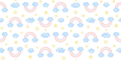 Cute rainbow on clouds with hearts on a white background with yellow stars and blue clouds. Kids endless texture. Vector seamless pattern for cover, wrapping paper, giftwrap, surface texture and print