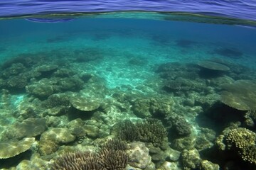Fototapeta premium A beautiful blue ocean with white sand and stones under the surface. an oceanic setting. Generative AI
