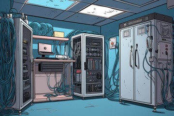 high-tech control room filled with advanced electrical equipment and wires. Generative AI