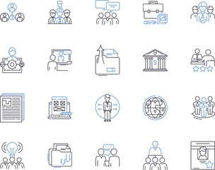 Investment company outline icons collection. Investment, Company, Banking, Funds, Assets, Stocks, Securities vector and illustration concept set. Bonds, Risk, Gain linear signs