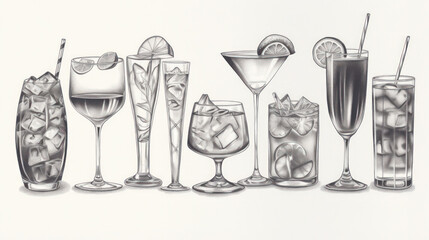 Set of hand drawn cocktails, with garnishments, straws,  ice cubes, variety of drinking glasses. Graphite pencil