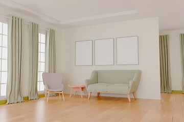 Photo frame mock up.living room design. empty room design interio. 3d rendering