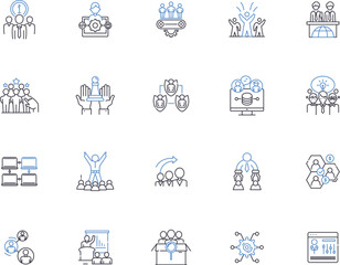 Conference outline icons collection. Meeting, Event, Gathering, Seminar, Summit, Forum, Retreat vector and illustration concept set. Assembly, Symposium, Expo linear signs