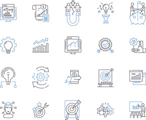 Company strategy outline icons collection. Strategy, Organization, Goals, Objectives, Management, Execution, Projects vector and illustration concept set. Developments,Actions,Marketing linear signs