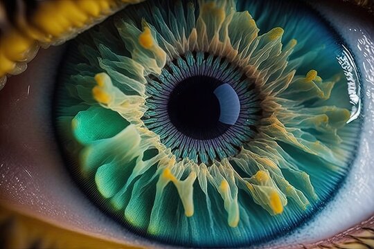 a close up of a person's blue green iris or eye (Macro Photography). Generative AI