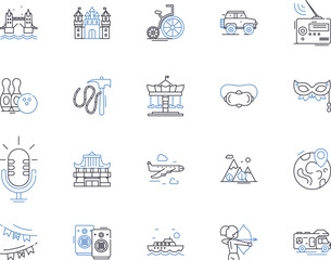 Travel and active people outline icons collection. Travellers, Active, Adventurers, Explorers, Trekkers, Hikers, Nomads vector and illustration concept set. Wanderers, Journeyers, Excursionists linear