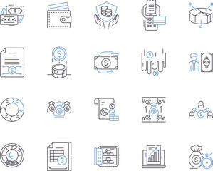 Finance business outline icons collection. Accounting, Taxation, Investment, Banking, Budgeting, Auditing, Loans vector and illustration concept set. Funds, Insolvency, Forex linear signs