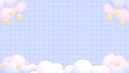 3d rendered cute hanging stars and clouds frame on a plaid background.