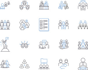 Community and networking outline icons collection. Networking, Community, Connect, Interaction, Conversation, Share, Gather vector and illustration concept set. Socialize, Meet, Network linear signs
