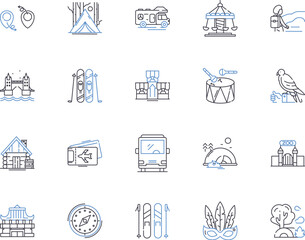 Tour operator outline icons collection. Tour, Operator, Travel, Agency, Vacation, Trip, Guide vector and illustration concept set. Adventure, Packages, Booking linear signs