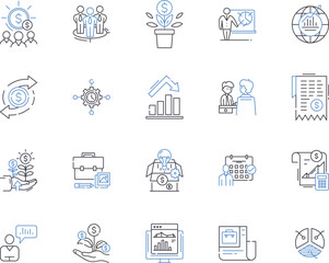 Accounting and finance outline icons collection. Accounting, Finance, Bookkeeping, Auditing, Taxation, Budgeting, CPA vector and illustration concept set. GAAP, Assets, Liabilities linear signs