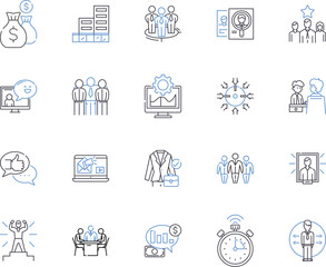 Sales management outline icons collection. Sales, Management, Planning, Forecasting, CRM, Analytics, Pricing vector and illustration concept set. Strategies, Incentives, Channels linear signs