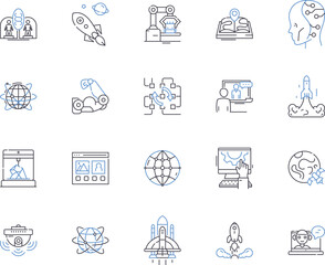 High tech and science outline icons collection. Tech, Science, High-Tech, Artificial, Intelligence, Robotics, Computer vector and illustration concept set. Quantum, Machine, Genetics linear signs