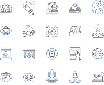 High tech and science outline icons collection. Tech, Science, High-Tech, Artificial, Intelligence, Robotics, Computer vector and illustration concept set. Quantum, Machine, Genetics linear signs