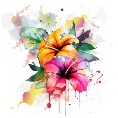 Colorful watercolor hibiscus bouquet. Generative AI