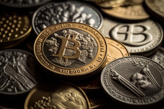Detailed shot of dazzling gold and silver coins bearing the Bitcoin symbol. Generative AI