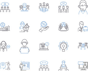 Employee labor outline icons collection. Employees, Labor, Employment, Working, Staff, Wage, Contract vector and illustration concept set. Jobs, Salaries, Hiring linear signs