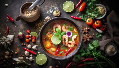 Obraz na płótnie Canvas Tom Yum Kung with coconut milk the famous Thai dish and food menu with ingredients for cooking on wooden table background. Cuisine and gourmet concept. Generative AI