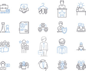 Top management outline icons collection. Leadership, Executives, Directors, Officers, Administrators, Managers, Advisors vector and illustration concept set. Supervisors, Heads, Chiefs linear signs