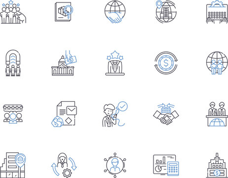 Globalization outline icons collection. Internationalization, Interconnection, Connection, Connectivity, Integration, Unification, Linkage vector and illustration concept set. Openness, Borderless