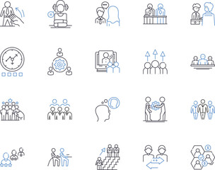 Coworkers outline icons collection. Colleagues, Collaborators, Teammates, Peers, Associates, Workmates, Comrades vector and illustration concept set. Annuitants, Partners, Classmates linear signs