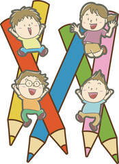 大きなカラフルな鉛筆と嬉しそうに飛び跳ねる子どもたち