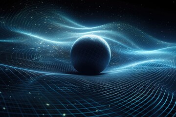 Gravity planet earth, gravitational waves concept. Physical and technology background. Design with gravity grid and spheres, line warp, Curved spacetime. In general theory relativity. Generative AI