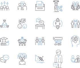 workshops and sessions outline icons collection. workshops, sessions, training, development, learning, education, skills vector and illustration concept set. knowledge, networking, collaboration