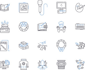DIY projects outline icons collection. Crafts, Modelling, Building, Decorating, Restoring, Painting, Drawing vector and illustration concept set. Upcycling, Sewing, Knitting linear signs