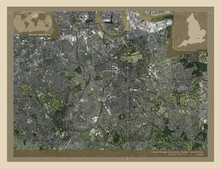 London Borough of Lewisham, England - Great Britain. High-res satellite. Labelled points of cities