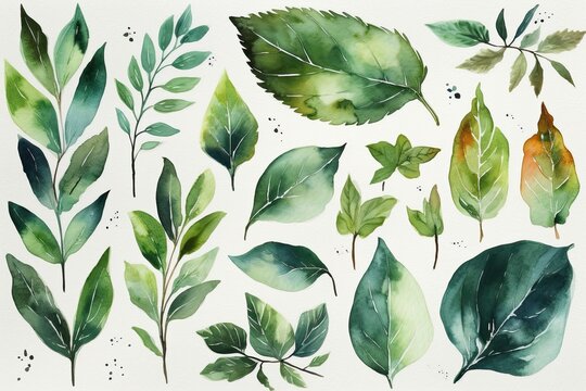 Illustration of green leaves in watercolor. Using hand painting in your design. Generative AI