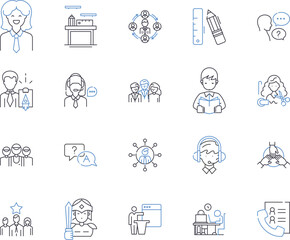 Management department outline icons collection. Managing, Session, Training, Workshop, Business, Leadership, Strategies vector and illustration concept set. Planning, Coaching, Facilitation linear